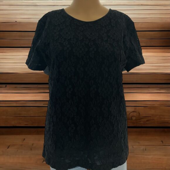 Talbots Tops - Talbots Top Black Floral Lace Overlay T-Shirt Short Sleeve Scoop Neck Sz/ S